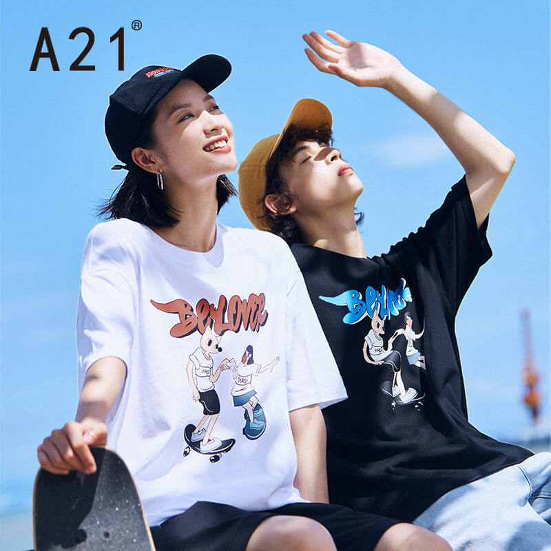 A21夏季2021新款男装宽松新疆纯棉T恤情侣装短袖体恤男士潮女上衣