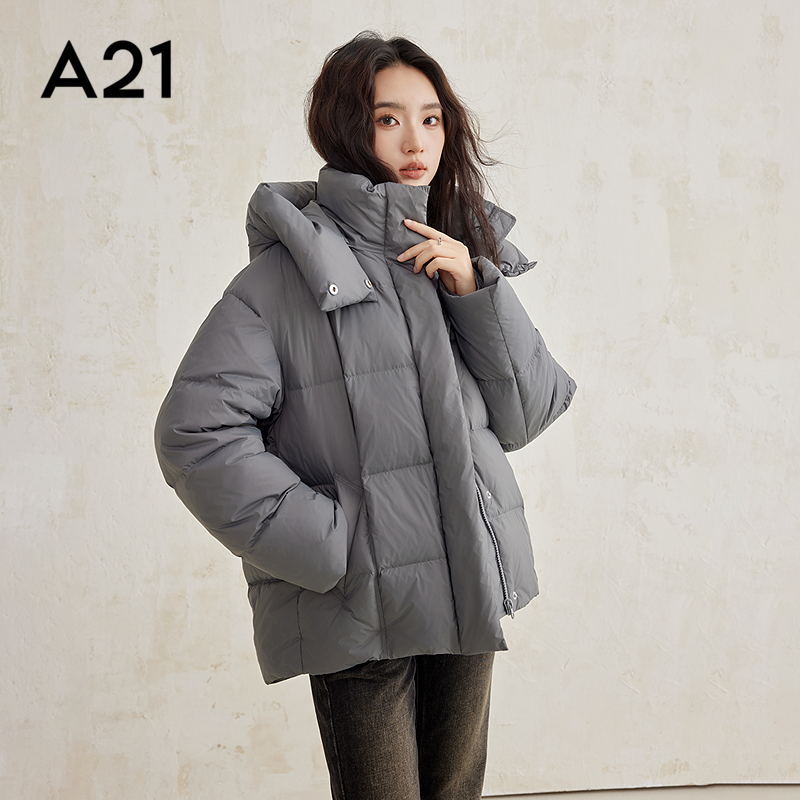 A21女装宽松连帽落肩厚羽绒服