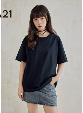 A21女装宽松落肩圆领套头短袖t恤打底衫短袖背心