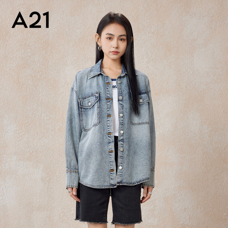 A21女装蓝色牛仔外套春季新款工装多口袋渐变水洗复古美式上衣