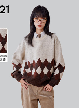 A21女装休闲针织衫宽松圆领百搭复古慵懒风套头毛衣