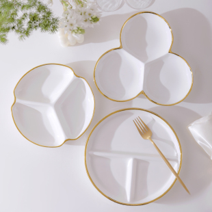 金边分格盘餐具家用分菜盘三格分餐盘早餐盘子陶瓷配菜盘子分隔盘