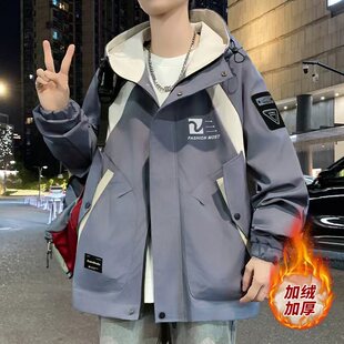 冬季新款加绒加厚风衣外套男中学生连帽棉服冲锋衣青少年帅气棉衣