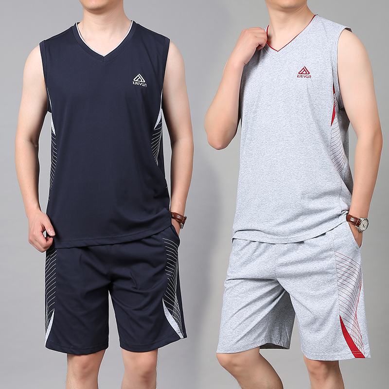 夏季纯棉无袖运动服套装男大码休闲健身跑步服背心短裤篮球服套装