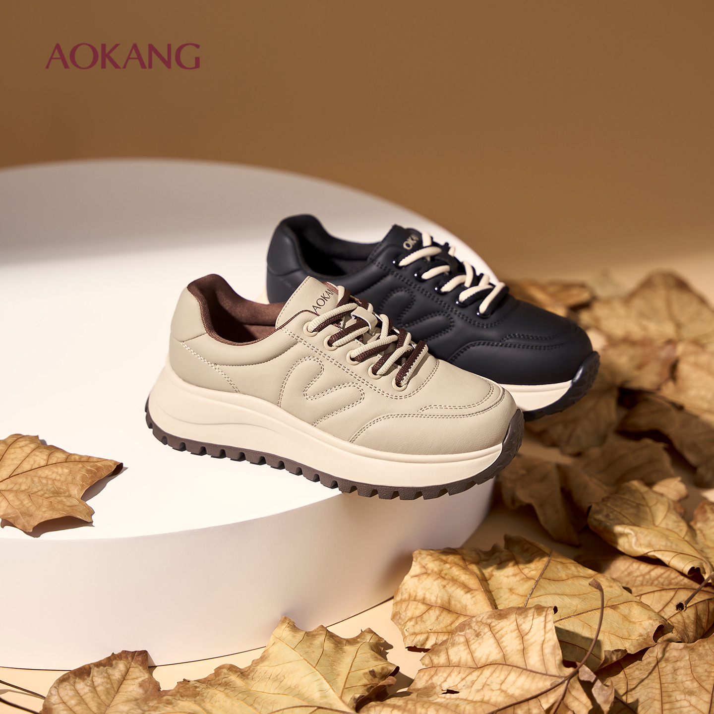 奥康 女鞋2025秋季阿甘鞋圆头轻盈软底厚底德训鞋系带休闲运动鞋