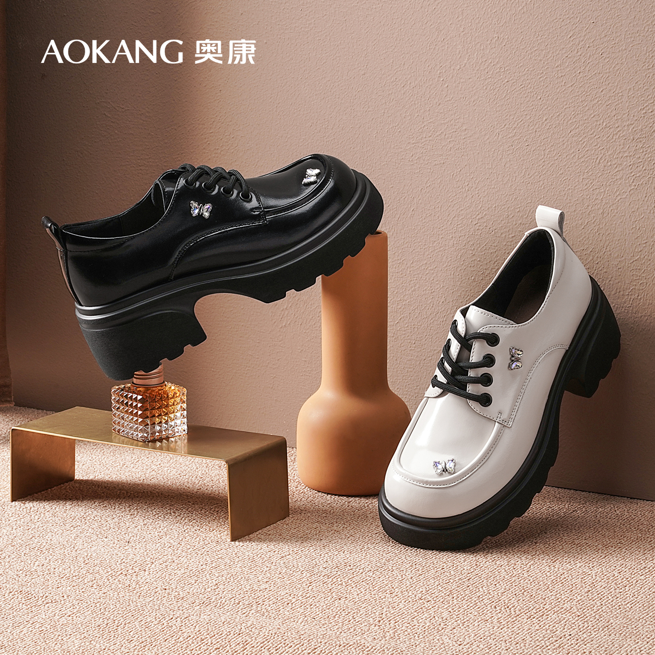 奥康女鞋深口单鞋厚底系带百搭