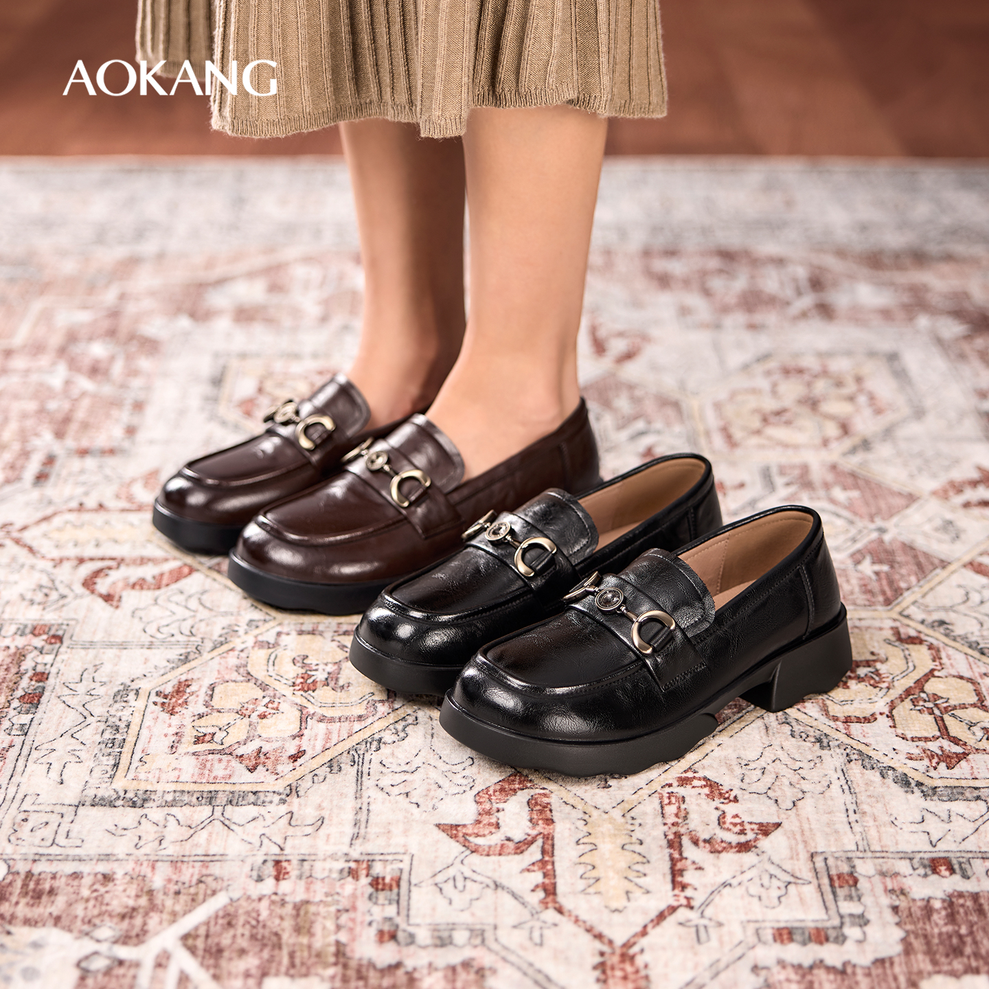 奥康 女鞋2025秋季乐福鞋气质英伦一脚蹬通勤单鞋平底门店发货