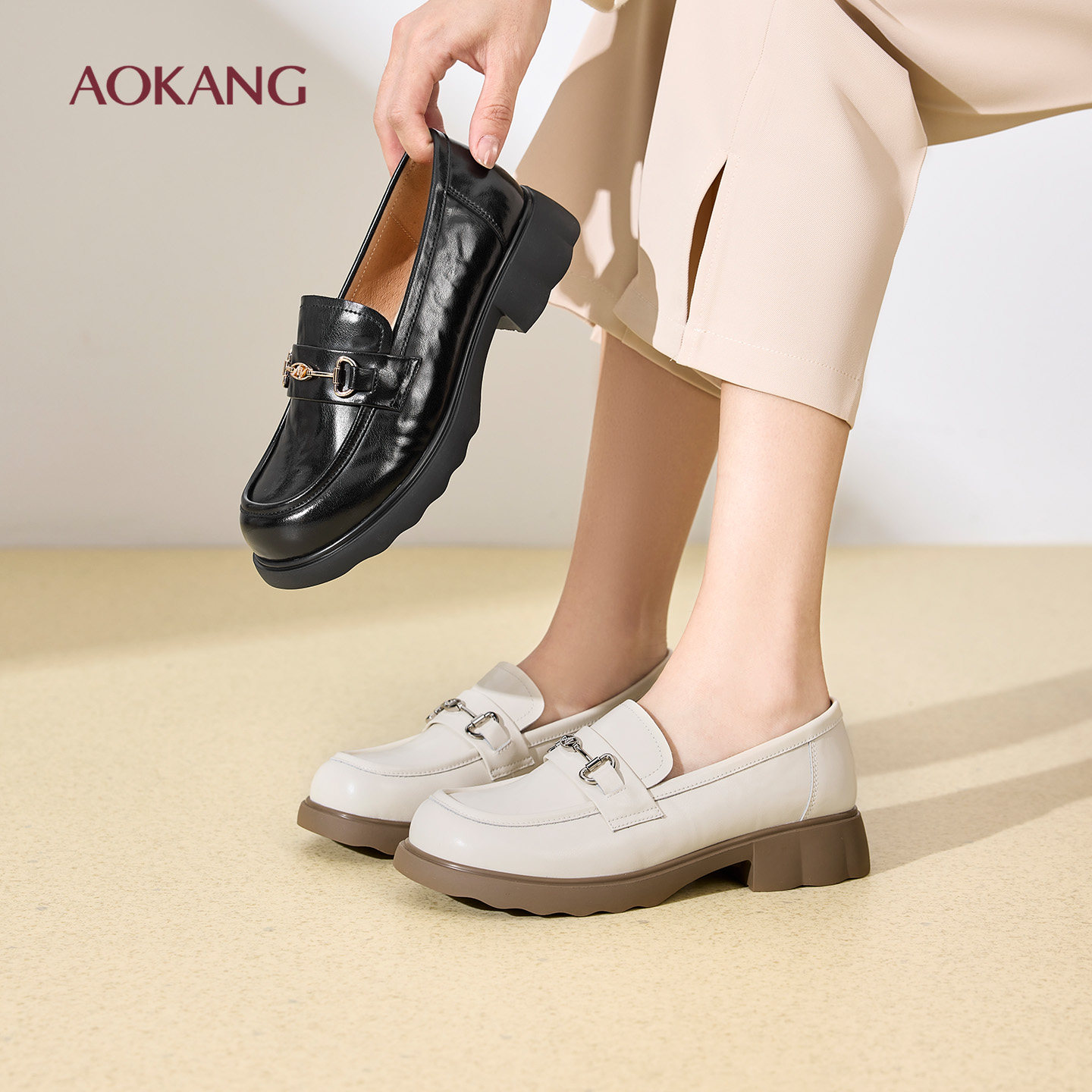 奥康 女鞋2026春季新款乐福鞋英伦风圆头通勤日常一脚蹬单鞋中跟,女鞋,乐福鞋（豆豆鞋）,淘宝优惠券,粉丝福利购,淘宝优惠卷