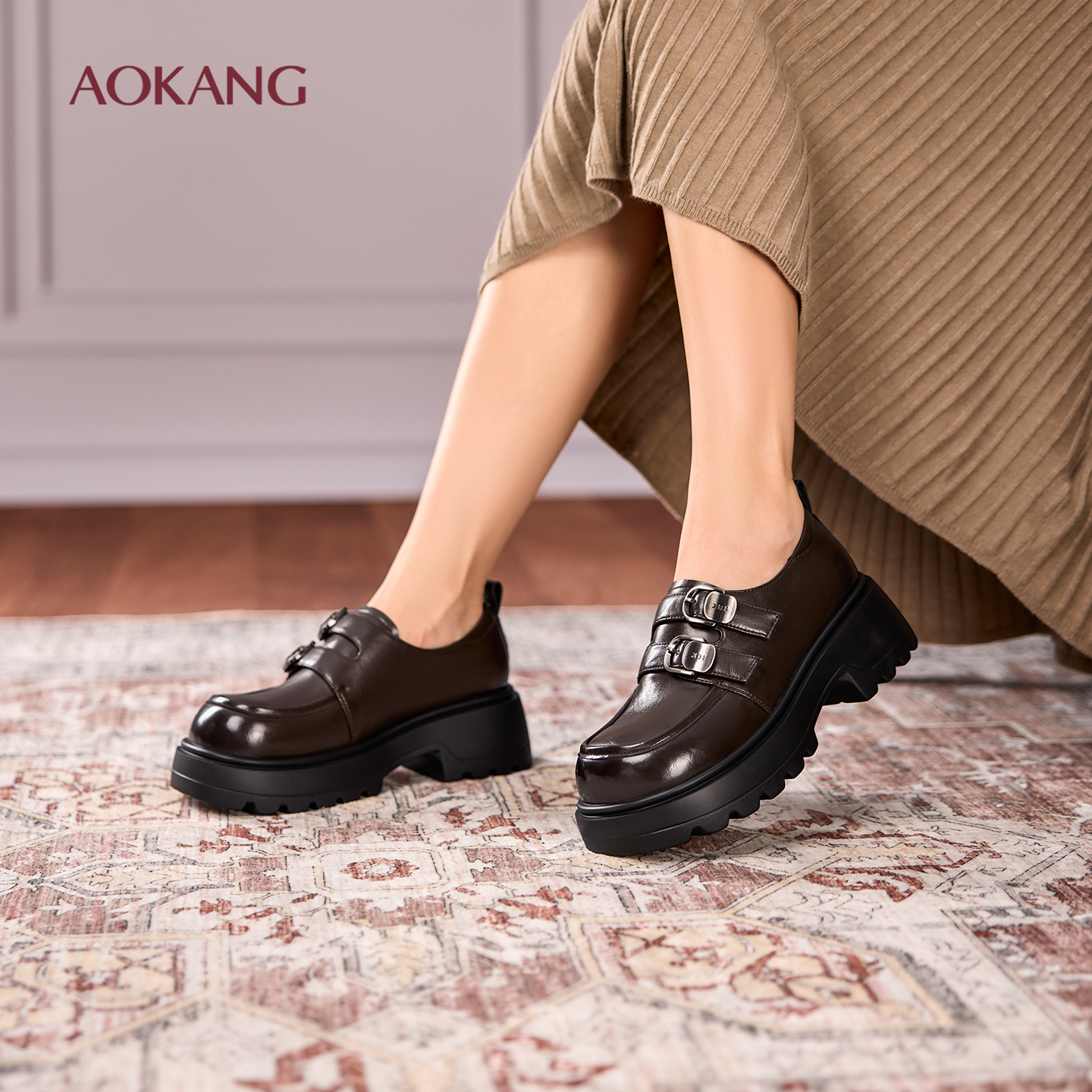 奥康 女鞋2025秋季乐福鞋JK配裙增高双扣魔术贴厚底门店发货