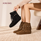 奥康 靴真皮流苏靴民族风珠串平底舒适短靴 时装 女鞋 2025冬季