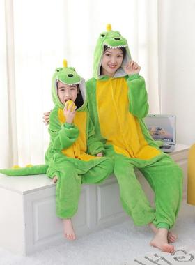新品上市 果绿色恐龙连体睡衣卡通动物亲子服装法兰绒春秋演出服
