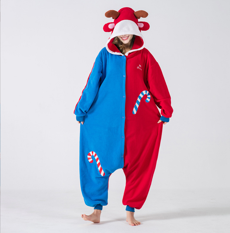 男女摇粒绒圣诞麋鹿连体睡衣演出