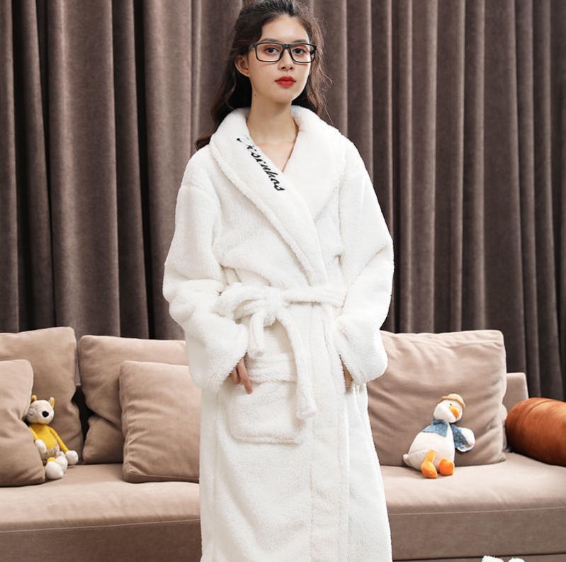 秋冬女士中长款加厚浴袍系腰绳翻领酒店睡袍学生气质甜美简约睡衣