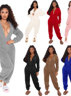 出口欧美女卡通连体睡衣秋冬可爱法兰绒保暖连帽胖MM家居服onesie