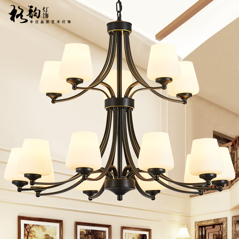 复式楼客厅双层大吊灯别墅美式简约loft酒店装饰三层长吊楼梯灯_虎窝淘