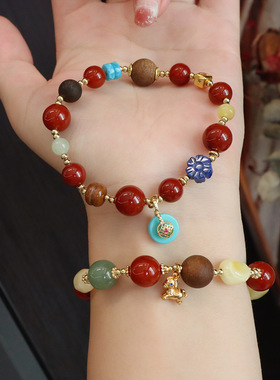 多宝手串天然石手链女蜜蜡和田玉南红玛瑙沉香木高级感手串