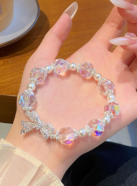 新款轻奢手作切面超闪人造K9水晶手串高颜值水钻蝴蝶结手链