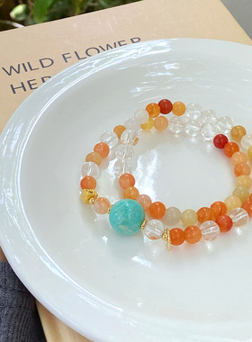 秋冬新款中式天然白水晶金丝玉双圈手链民族风天河石方砖手串