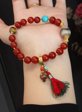 原创设计天然南红玛瑙搭配文玩玛瑙天珠手串菱镁矿蜜蜡手链