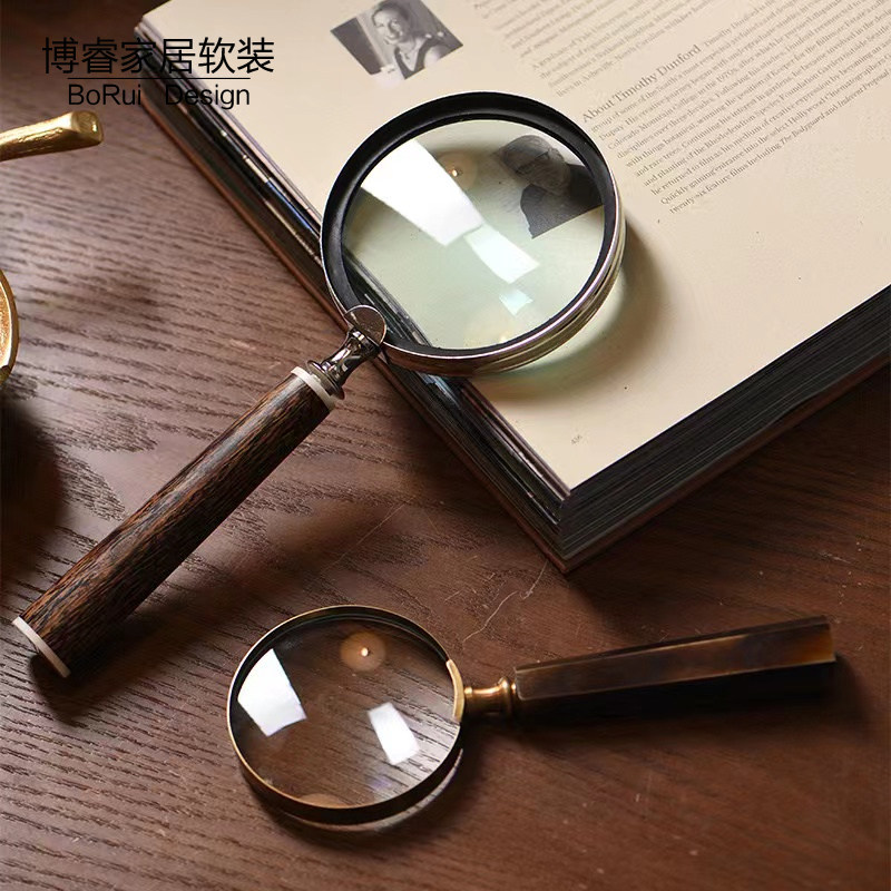 手持复古欧美式放大镜书房办公室铜支架文件夹软装饰摆件小马摇铃