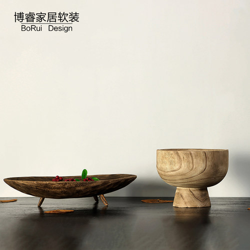 侘寂风木质带脚长托盘摆件果盘