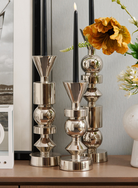 印度进口铝制银色几何烛台摆件样板间客厅玄关桌面艺术装饰品摆件