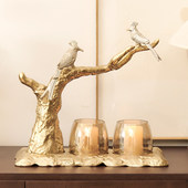 印度进口铝制小鸟缀饰金色树枝玻璃烛台摆件高档精致蜡烛杯装 饰品