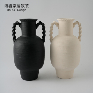 新中式家居装饰品黑色素白色双耳陶瓷大花瓶摆件客厅插花复古花器