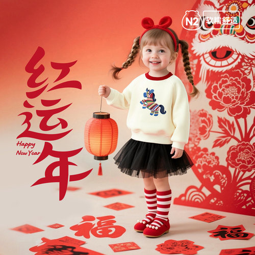 儿童加绒卫衣套装本命年男女童加厚马年拜年服装宝宝红色新年衣服