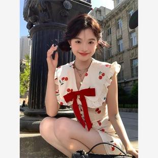 法式 2025新款 连衣裙女夏季 小飞袖 复古清新甜美a字裙子 v领收腰无袖