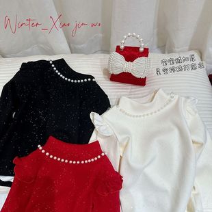 女童闪耀星空珍珠半高领荷叶袖加绒打底衫2025冬季拜年版上衣T恤