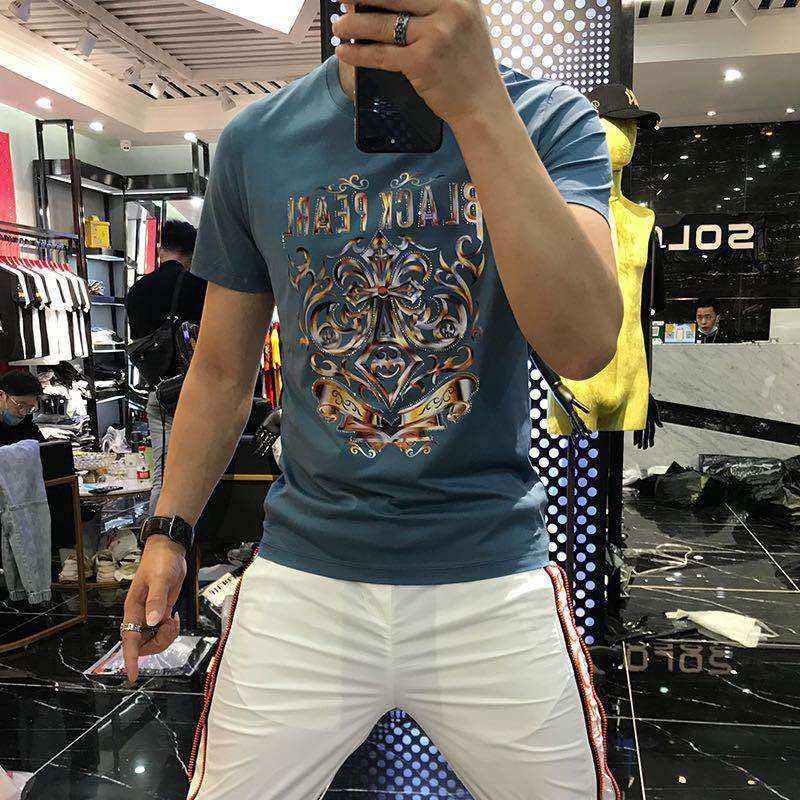 欧洲站夏装男士丝光棉短袖t恤男图腾潮烫钻刺绣半袖上衣加大码