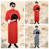 立领相声表演服装 民国风红色长衫 男中式 影视话剧舞台长袍