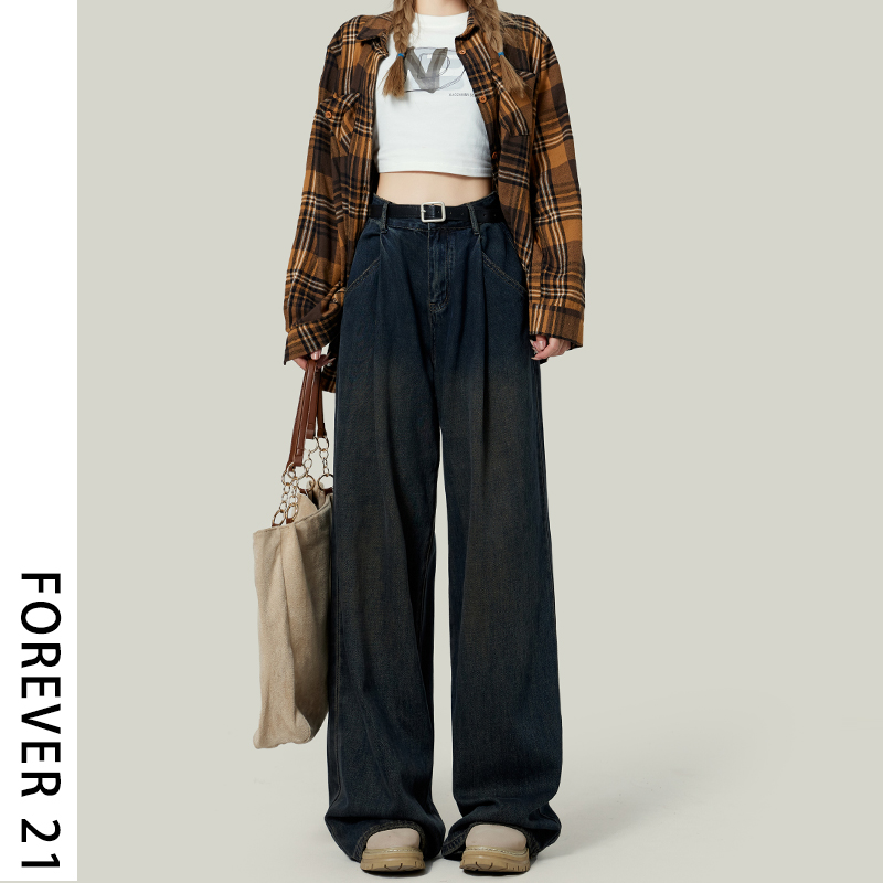 Forever21高腰显瘦阔腿牛仔裤女