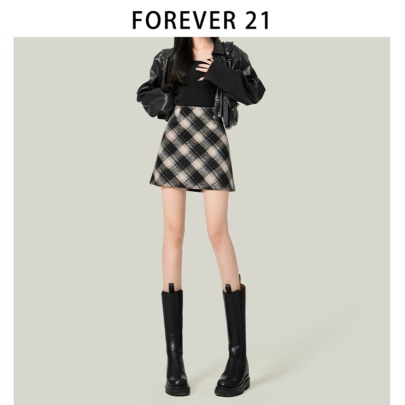 Forever21黑格子高腰短裙女2023新款秋时髦百搭显高显瘦a字包臀裙