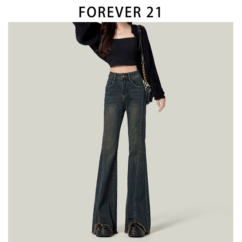 Forever21小众毛边微喇喇叭裤女新款加长复古蓝色高腰拖地牛仔裤