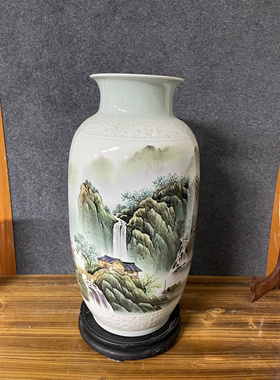 景德镇陶瓷老厂货艺术瓷厂美研室全手工手绘山水冬瓜花瓶收藏摆件