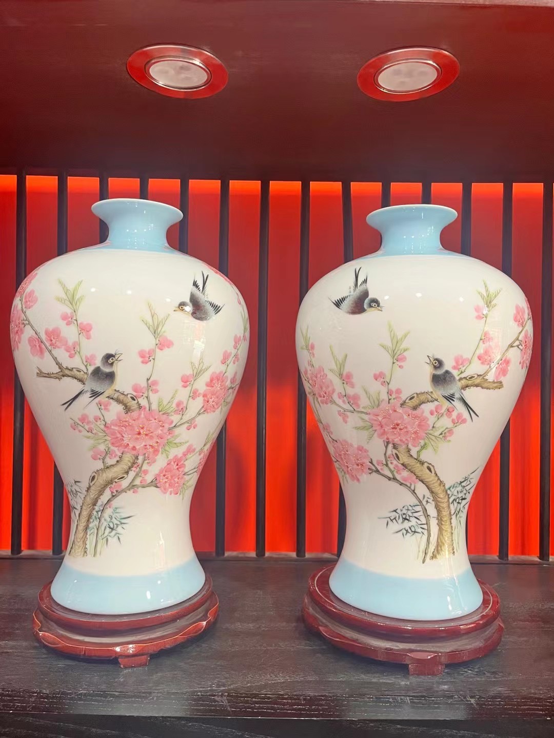 景德镇陶瓷器水点桃花7501花鸟花瓶台面摆件家居客厅博古架装饰品