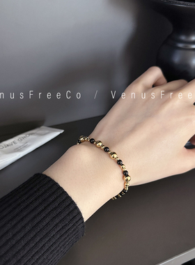 VenusFreeCo 高及感简约18k镀金天然黑玛瑙金珠珠豆豆手链日常