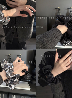 吸睛节日感!闪亮光面定制超大花枪灰银灰色黑色大肠发圈复古亮面