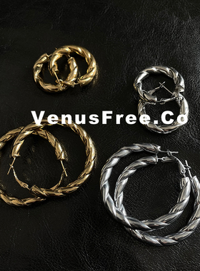 不掉色低敏4款法式螺旋纹牛角包金银加粗大小号耳圈耳环Hoops欧美