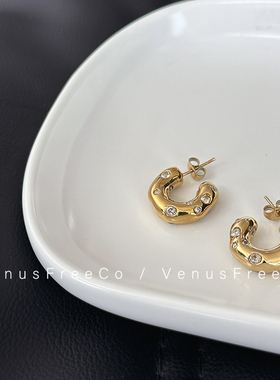 Cel风异形18k镀金加粗加厚镶闪钻中号耳圈耳环中古vintage简约ins