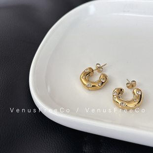 Cel风异形18k镀金加粗加厚镶闪钻中号耳圈耳环中古vintage简约ins