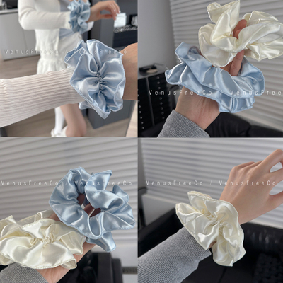 仙品高光泽定制双层少女洛丽塔绸缎奶蓝色米白超大花大肠发圈头绳