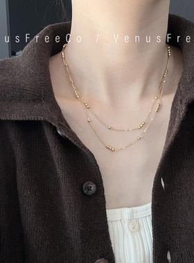 VenusFreeCo 双层18k镀金豆豆精致细锁骨链项链轻奢闪闪日常简约