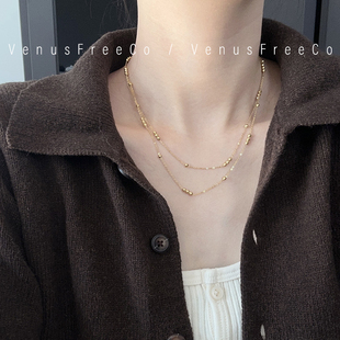 VenusFreeCo 双层18k镀金豆豆精致细锁骨链项链轻奢闪闪日常简约