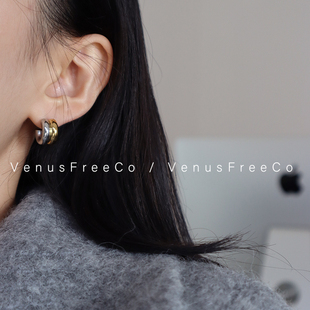 金银配色超时髦 定制18k镀金法式双色加粗小号耳圈耳环简约韩国