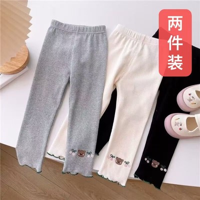 外贸夏装女童打底裤小熊樱桃刺绣洋气中小童冰丝薄款外穿小脚裤子