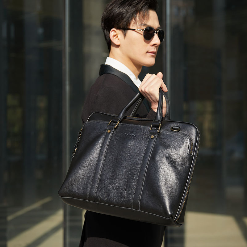 日本SANWA真皮手提公文包单肩挎包典雅黑14英寸简约男士头层牛皮出差商务笔记本电脑包大气手提包公文包