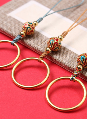 黄铜指环扣手机挂饰绣球钥匙挂件男女金属优盘红色复古情侣红绳秀